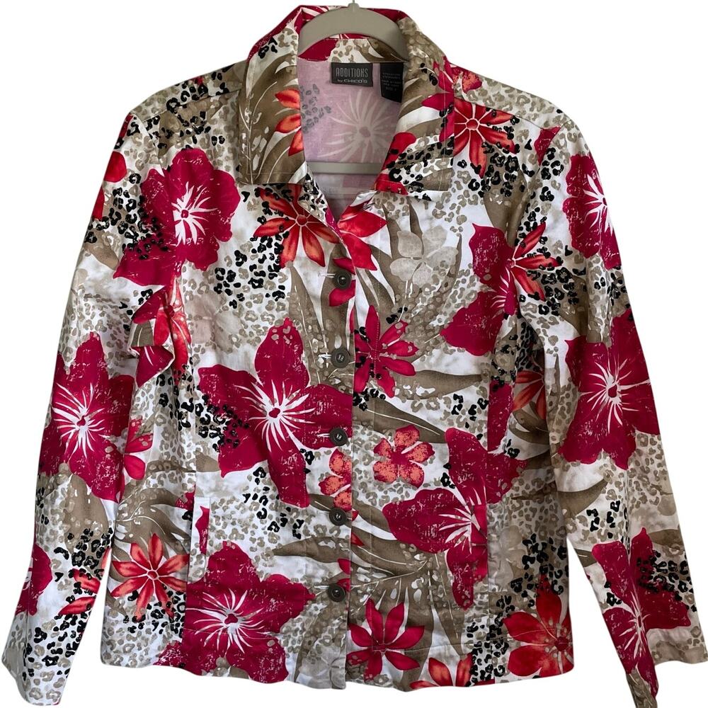 Chico’s Additions Button Front Jacket Sz L Floral Animal Print Long Sleeves
